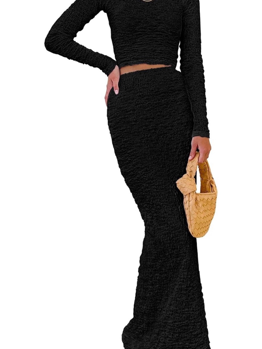 Black Textured Maxi Skirt Set - Women's Sleek Pencil Silhouette